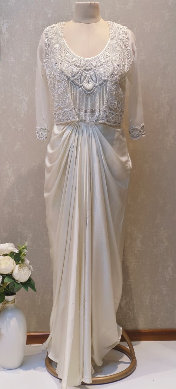 Luxury Party Wear Set Elegant White Embroidered Top and Soft Satin Drape Skirt Combo DRYWASH (Dispatching After 45 Days On Orders)