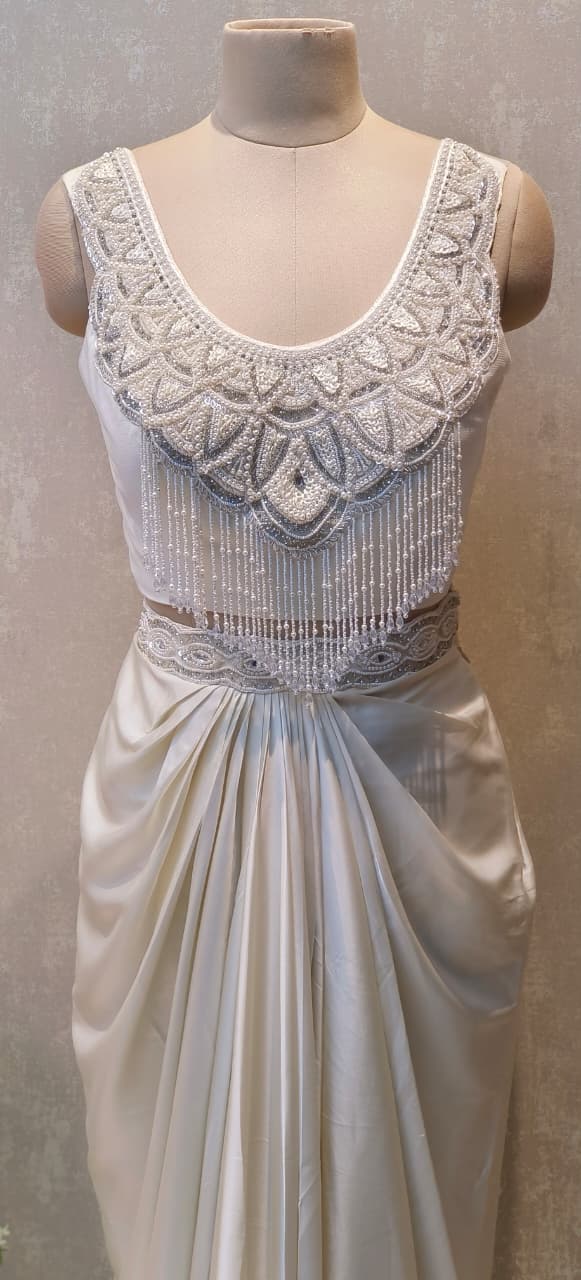 Luxury Party Wear Set Elegant White Embroidered Top and Soft Satin Drape Skirt Combo DRYWASH (Dispatching After 45 Days On Orders)