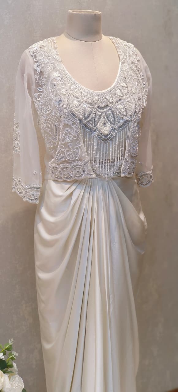 Luxury Party Wear Set Elegant White Embroidered Top and Soft Satin Drape Skirt Combo DRYWASH (Dispatching After 45 Days On Orders)