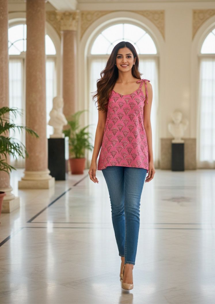 Printed Knotted Sleeveless Casual Wear Short Kurti Only