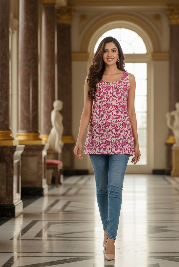 Floral Printed Daily Wear Sleeveless Short Kurti Only