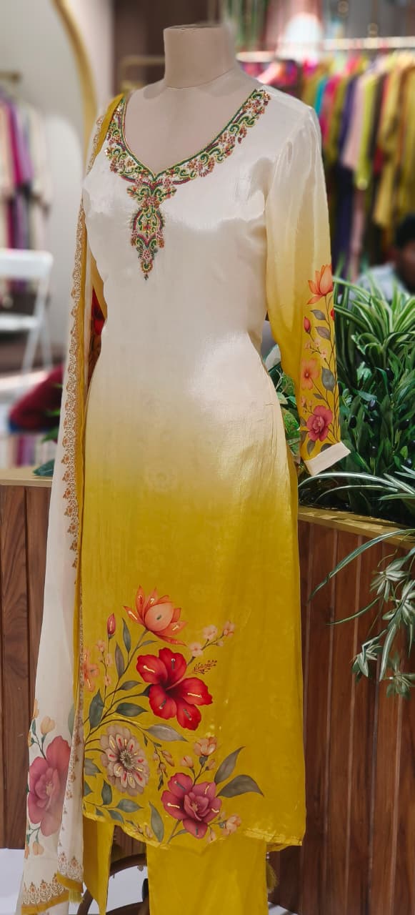 Cream Mustard Ombre Suit Set with Intricate Neck Embroidery Printed Floral Motifs Full Set DRYWASH-12639