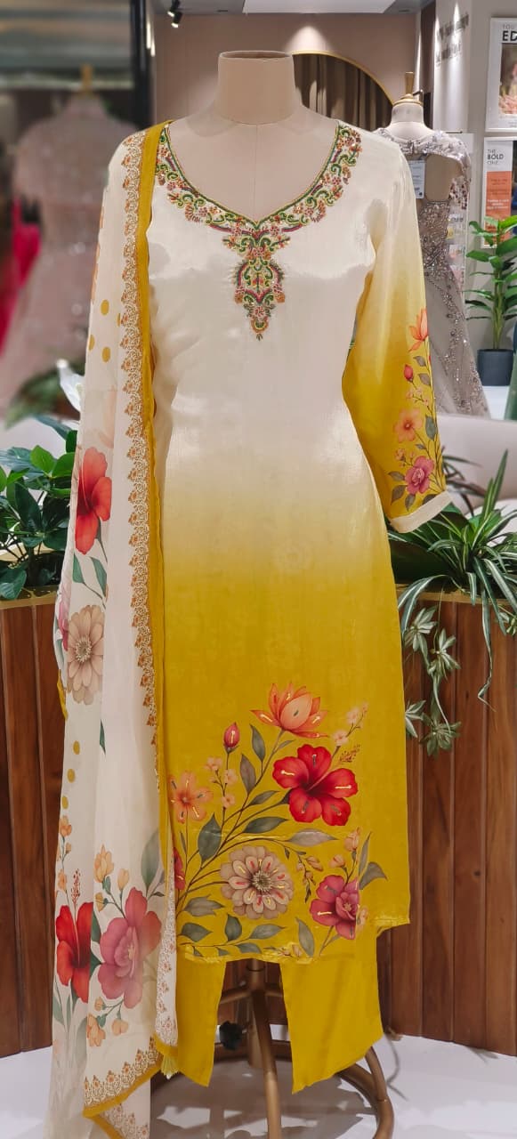 Cream Mustard Ombre Suit Set with Intricate Neck Embroidery Printed Floral Motifs Full Set DRYWASH-12639