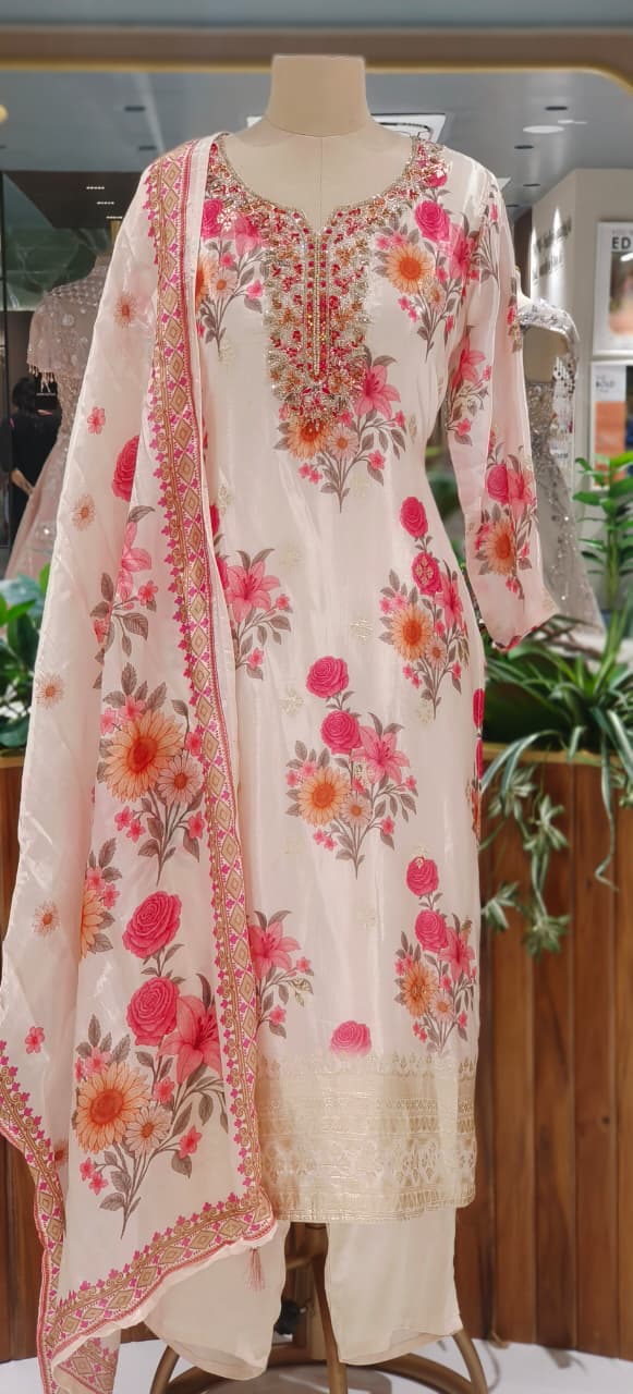 Soft Ivory Floral Printed Suit Set with Heavy Embroidered Neckline & Matching Printed Dupatta-12634
