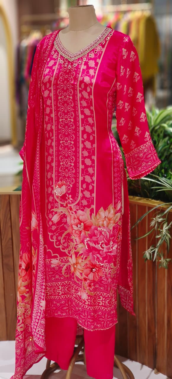 Vibrant Pink Floral Printed Suit Set with Embellished Neckline & Dupatta-12645