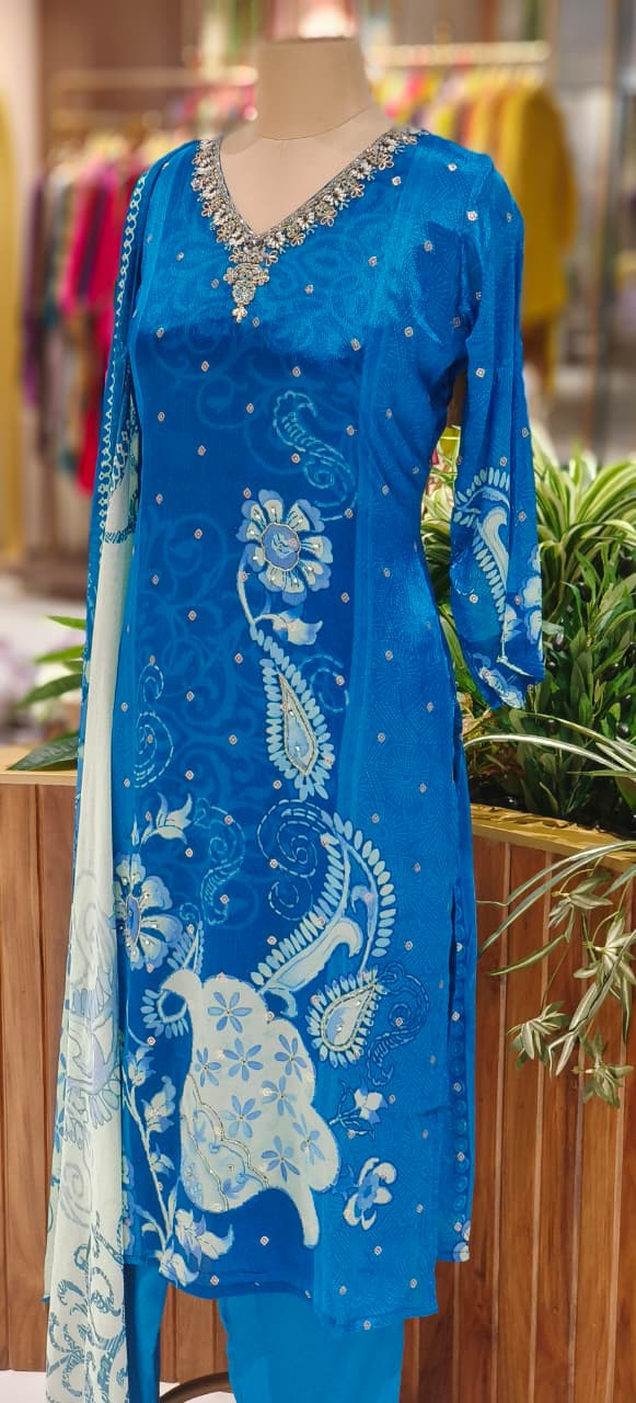Royal Blue Floral & Paisley Printed Suit Set with Hand-Embellished Neckline and Contrast Printed Dupatta-12642