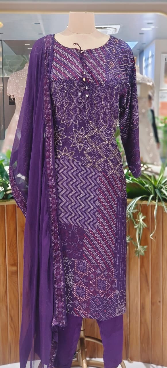 Classic Purple Ethnic Bandhej Printed Suit Set Featuring Mirror Accents & Soft Dupatta With Bottom-12635