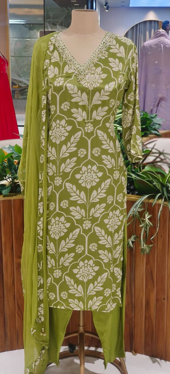 Elegant Olive Green Floral Printed Straight Kurta With Bottom Set with Embellished Neckline & Matching Dupatta-12641