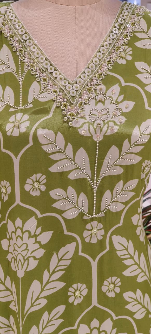 Elegant Olive Green Floral Printed Straight Kurta With Bottom Set with Embellished Neckline & Matching Dupatta-12641