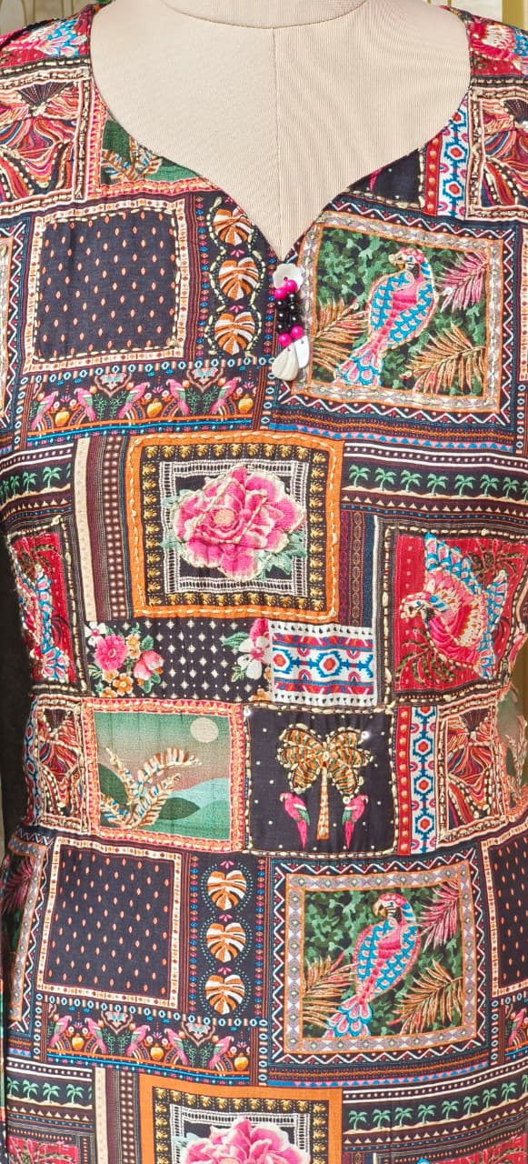 Elegant Multi-Color Bird Printed Katha Stich Full Suit Set with Solid Dupatta-12638