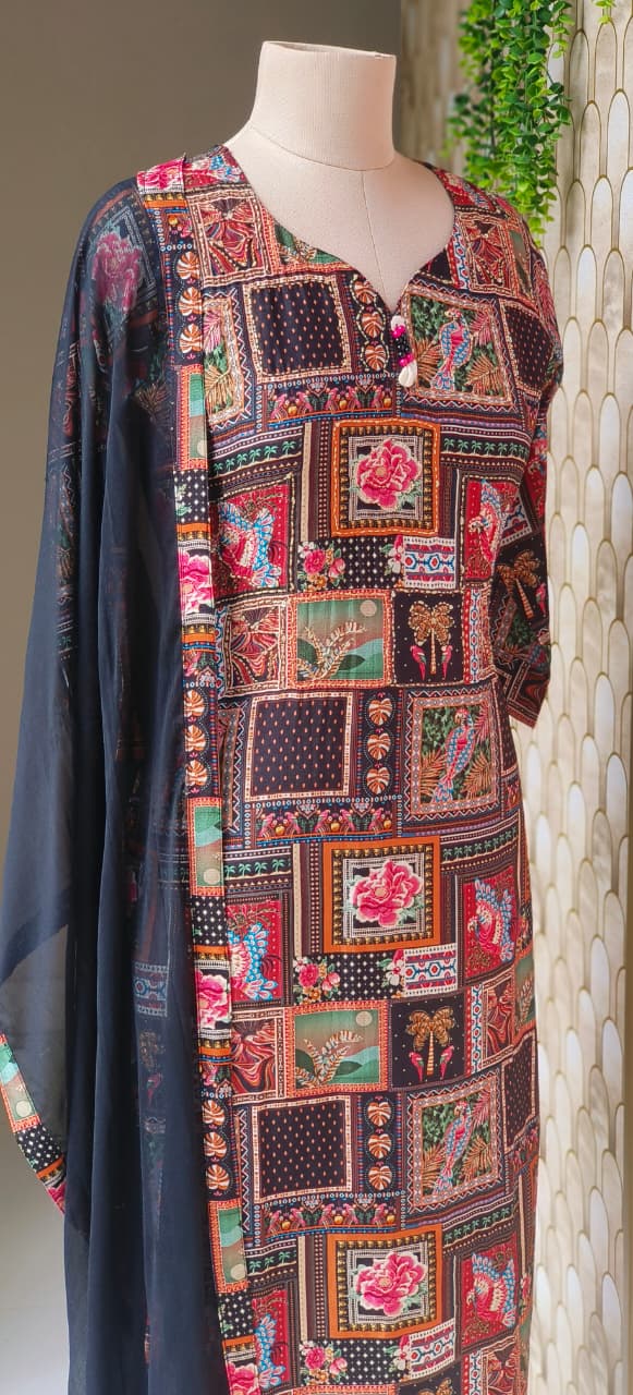 Elegant Multi-Color Bird Printed Katha Stich Full Suit Set with Solid Dupatta-12638