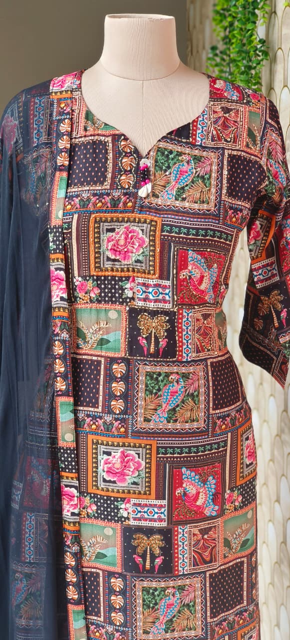 Elegant Multi-Color Bird Printed Katha Stich Full Suit Set with Solid Dupatta-12638