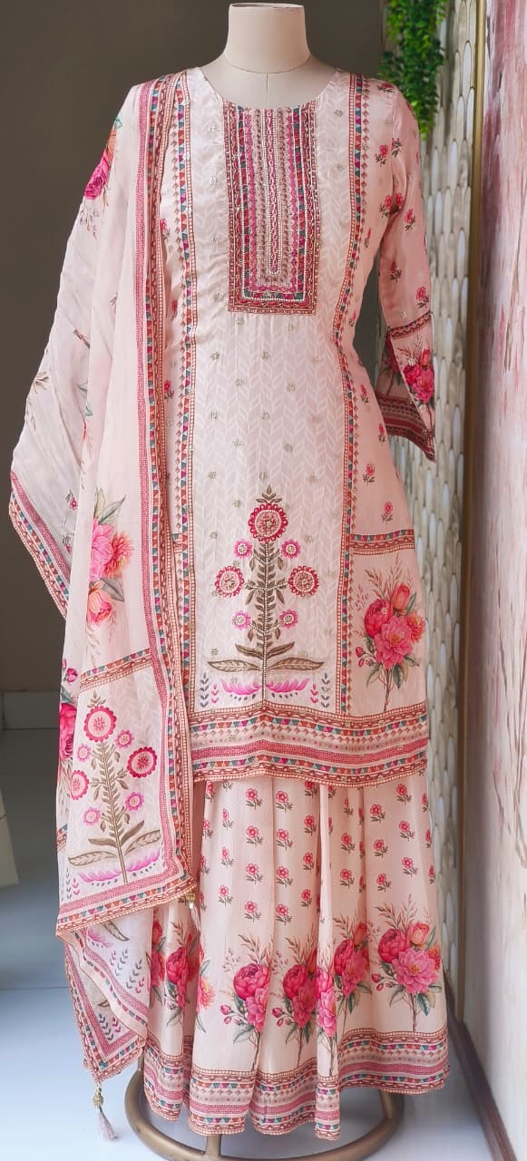 Classic Pastel Floral Kurta With Embroidered Neck Design, Matching Sharara Set & Soft Printed Dupatta-12636