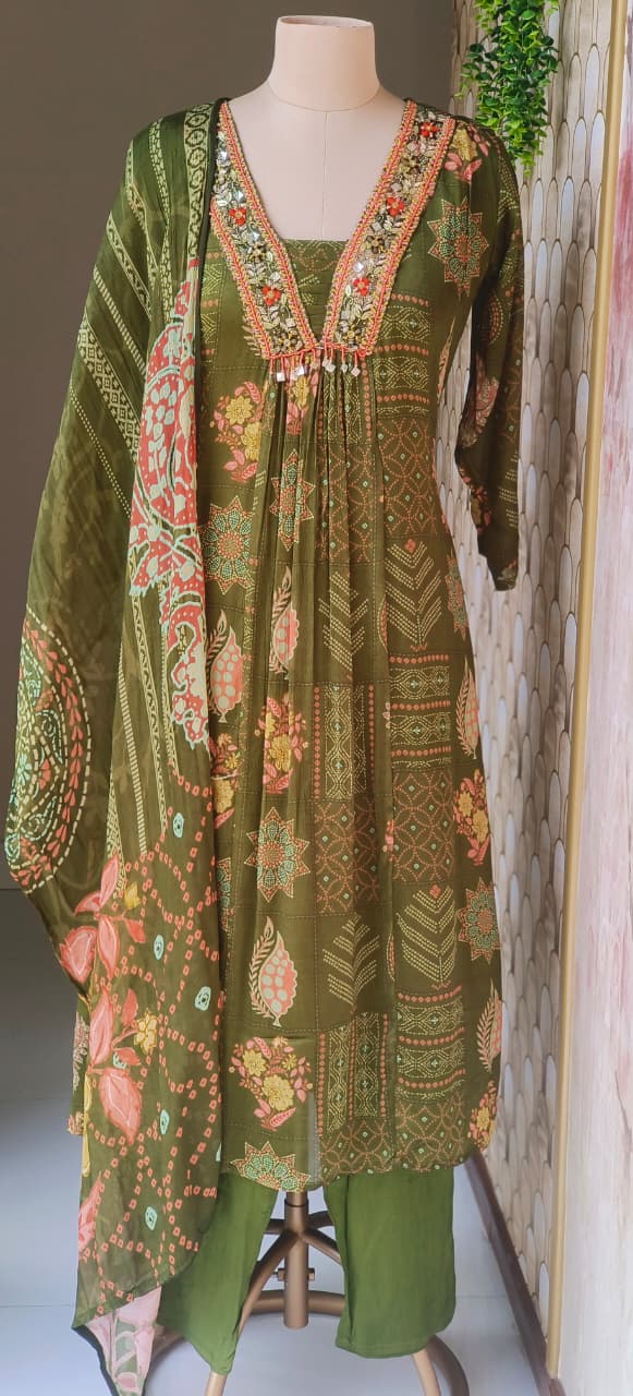 Aline Olive Green Multi-Pattern Printed Kurta With Embellished Yoke, Stylish Pant & Dupatta-12637