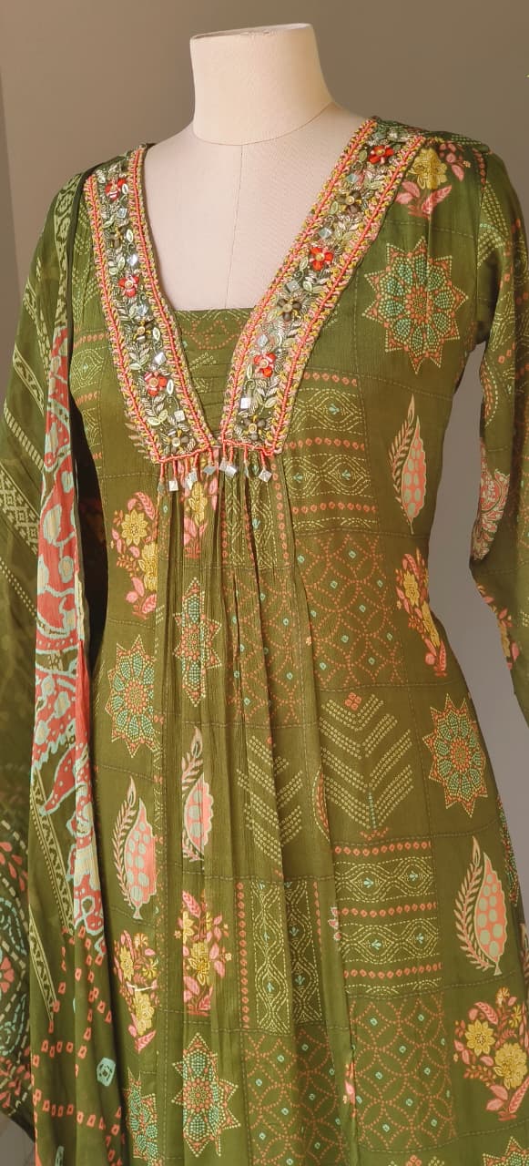 Aline Olive Green Multi-Pattern Printed Kurta With Embellished Yoke, Stylish Pant & Dupatta-12637