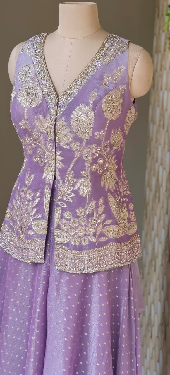 Lavender Banarasi Weave Crop Top with Heavily Embellished Top and Flowing Flared Palazzo Set With Dupatta
