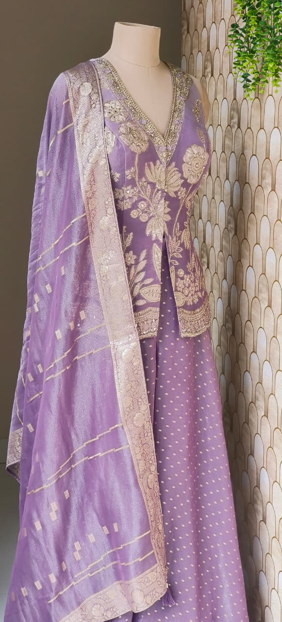 Lavender Banarasi Weave Crop Top with Heavily Embellished Top and Flowing Flared Palazzo Set With Dupatta