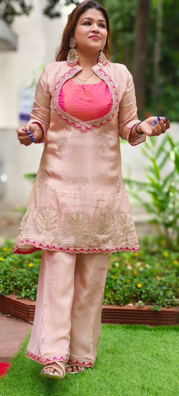 Luxury Indo-Western Pink Fusion Outfit with Hand-Embroidered Top, Contrast Bustier & Matching Pants