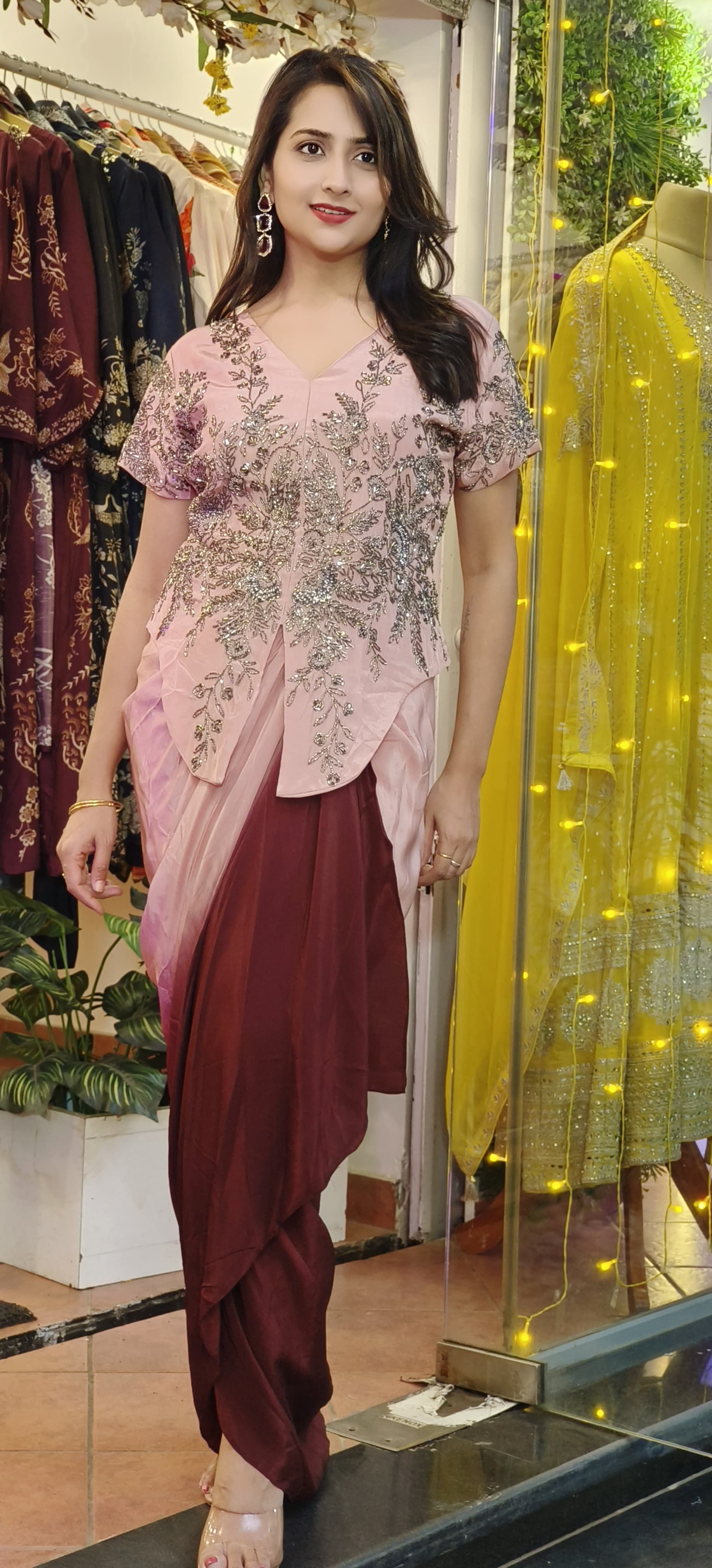 Partywear Designer Set Embellished Pastel  Top with Dual-Tone Ombre Drape Skirt