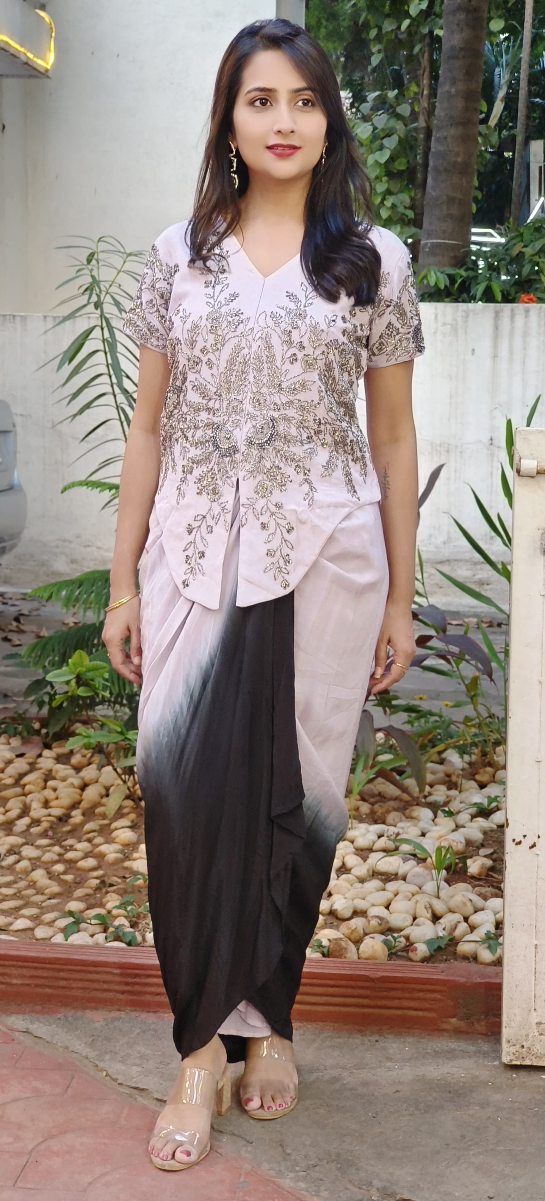 Partywear Designer Set Embellished Pastel  Top with Dual-Tone Ombre Drape Skirt