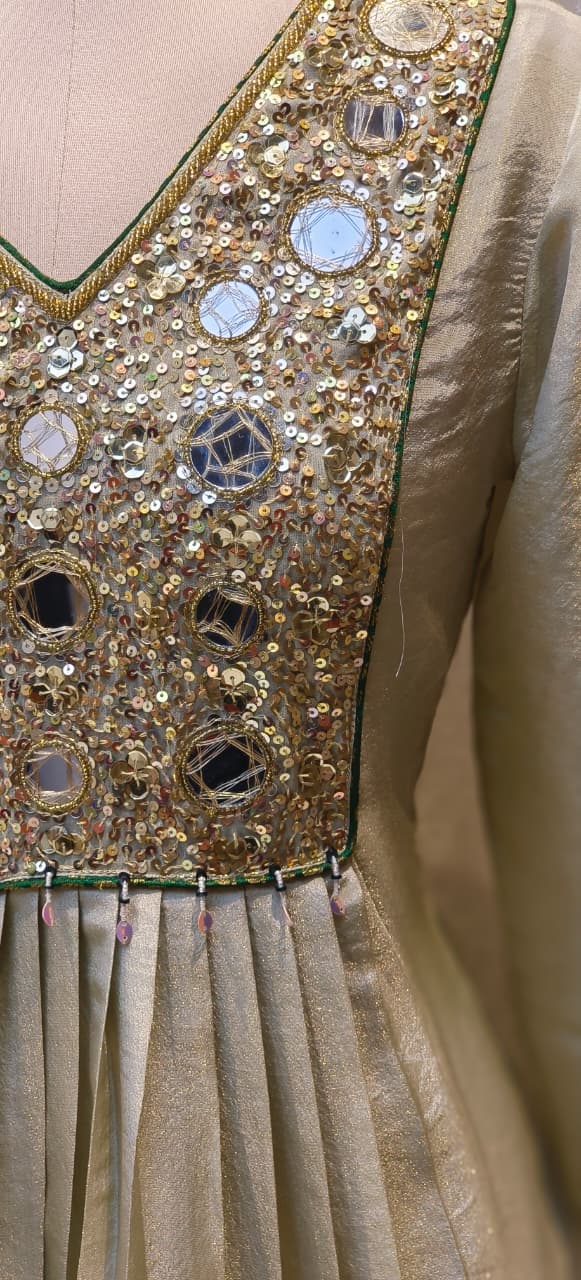 Rajasthani Look Mirror Sequin Front Yoke A-Line Full Suit Set With Striped Dupatta In Tissue Fabric-12619