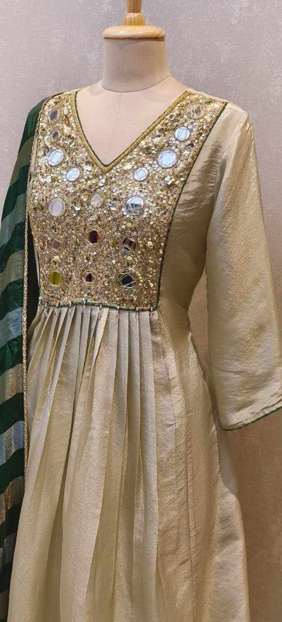 Rajasthani Look Mirror Sequin Front Yoke A-Line Full Suit Set With Striped Dupatta In Tissue Fabric-12619