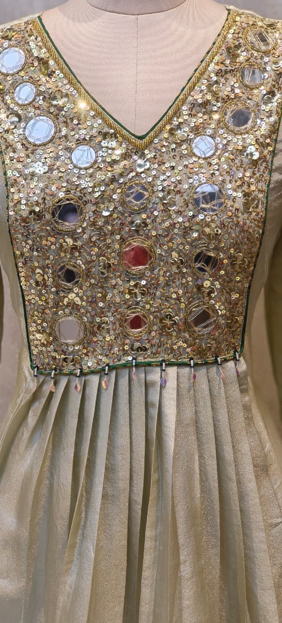 Rajasthani Look Mirror Sequin Front Yoke A-Line Full Suit Set With Striped Dupatta In Tissue Fabric-12619