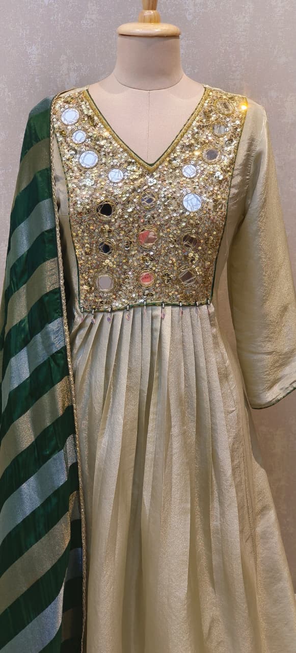 Rajasthani Look Mirror Sequin Front Yoke A-Line Full Suit Set With Striped Dupatta In Tissue Fabric-12619