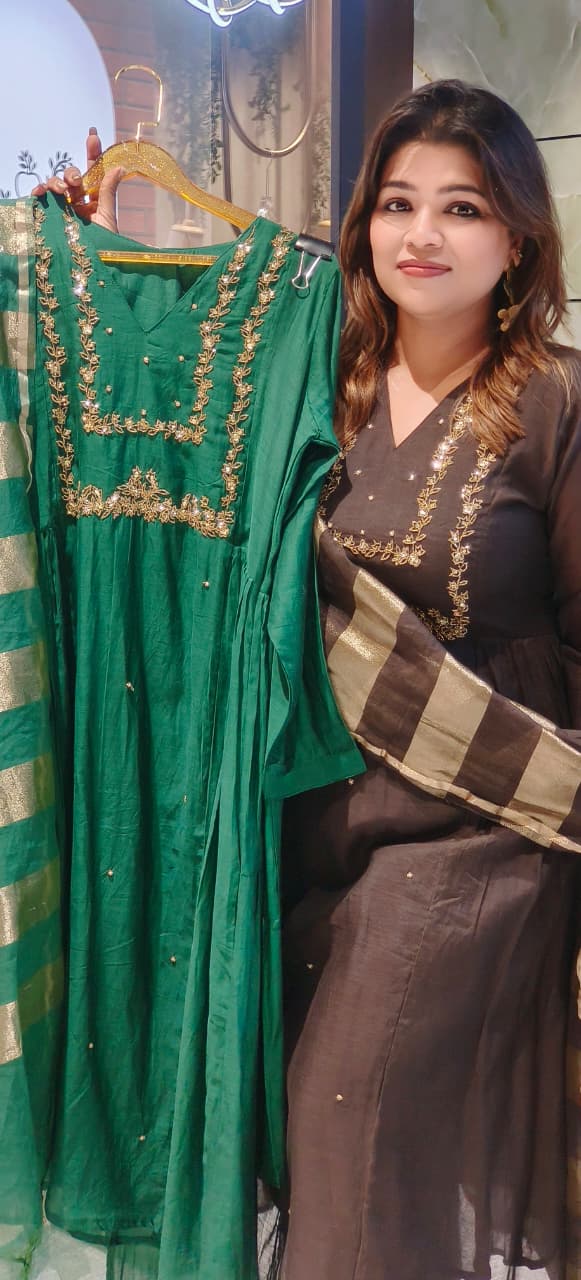 Golden Zari Line Solid A-Line Full Suit Set With Dupatta In Mul Chanderi Fabric-12508