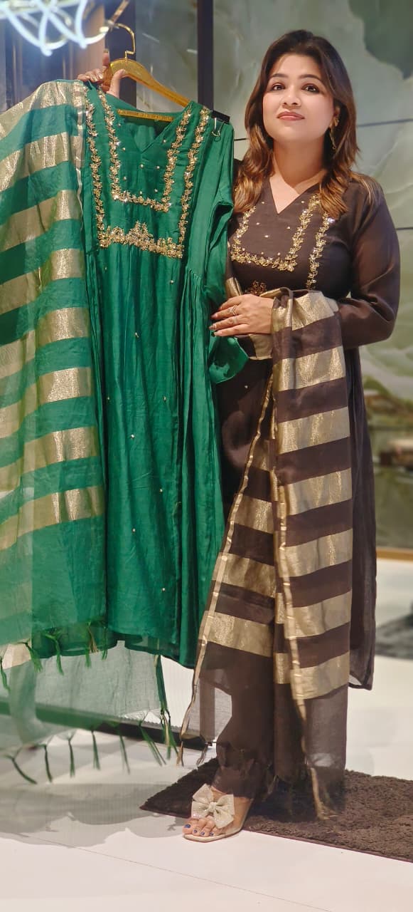 Golden Zari Line Solid A-Line Full Suit Set With Dupatta In Mul Chanderi Fabric-12508