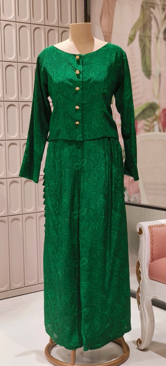 Premium Silk Solid Self Print Beautiful Buttoned Top With Thread Side Tasseled Loose Bottom-12425