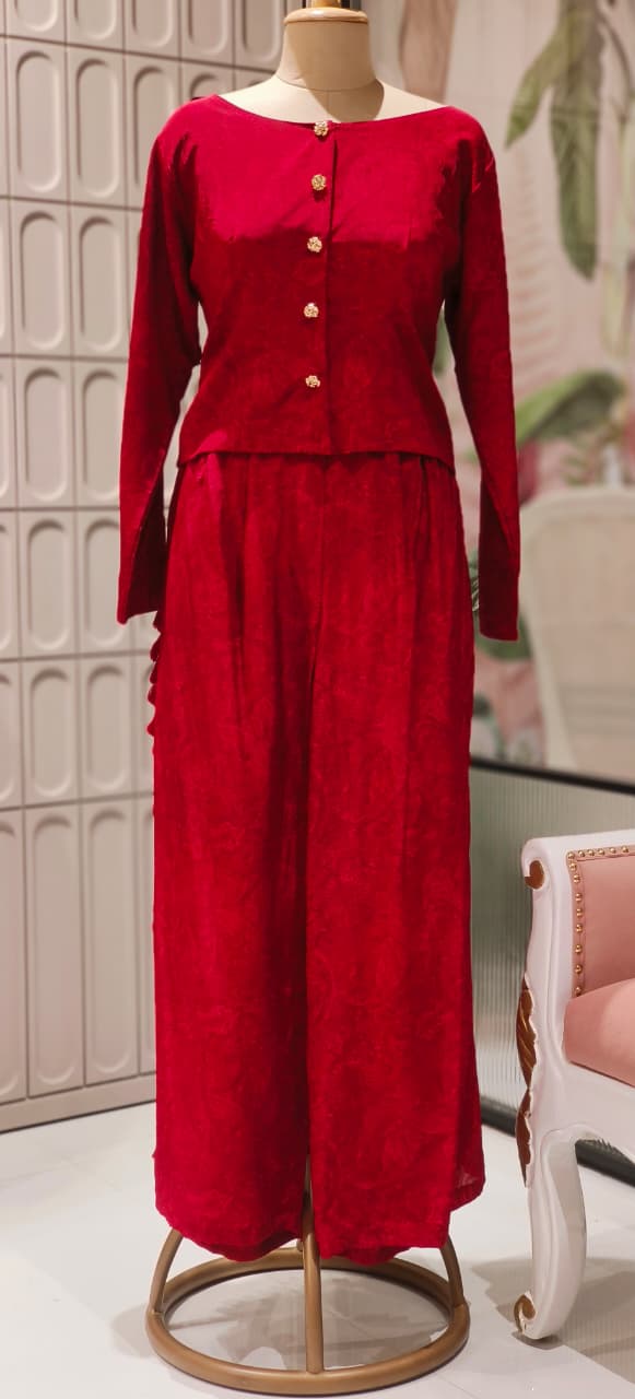 Premium Silk Solid Self Print Beautiful Buttoned Top With Thread Side Tasseled Loose Bottom-12425