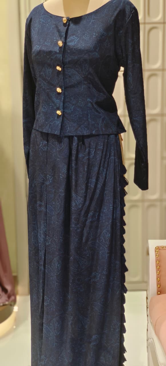 Premium Silk Solid Self Print Beautiful Buttoned Top With Thread Side Tasseled Loose Bottom-12425