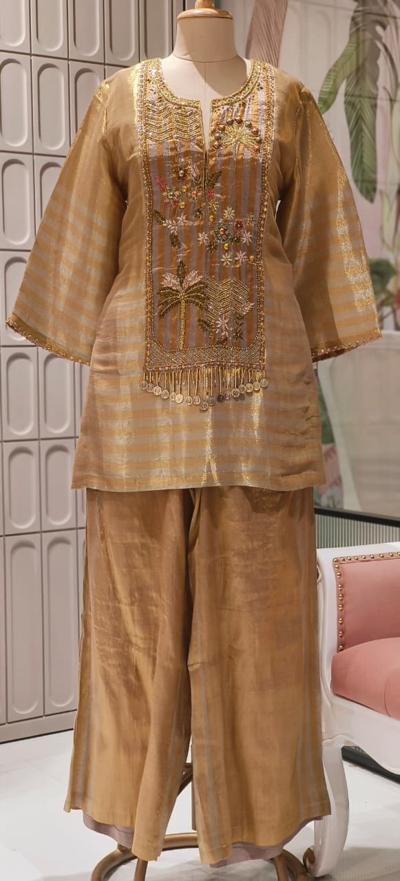 Luxe Premium Tissue Fabric Hand Worked Tasseled Striped Golden Kurta With Loose Bottom- 12384