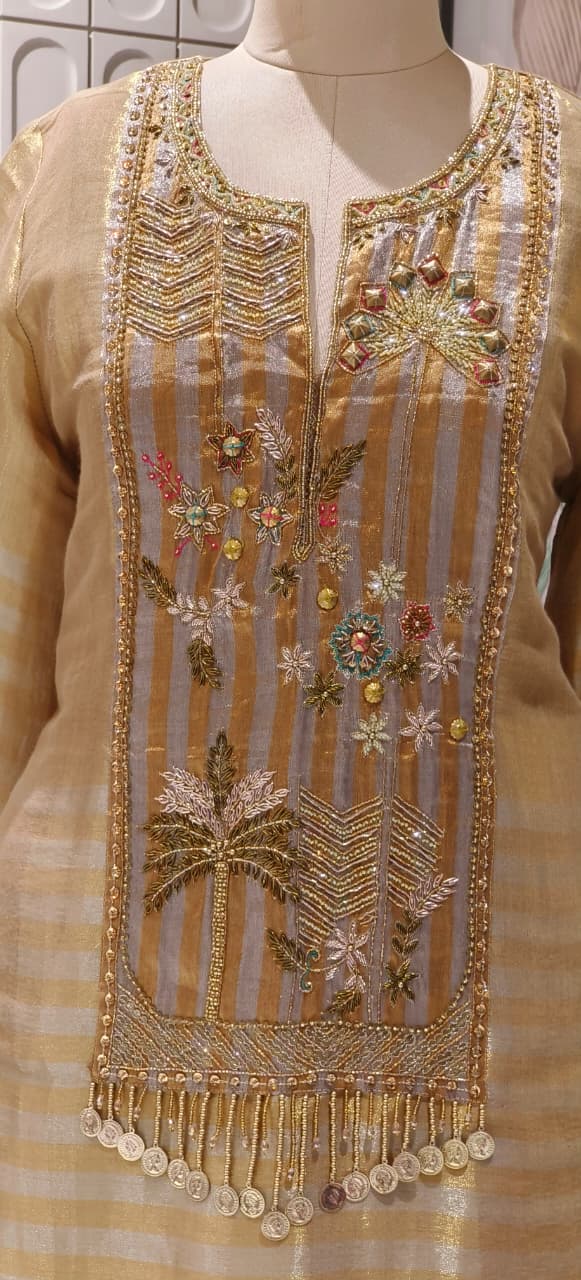 Luxe Premium Tissue Fabric Hand Worked Tasseled Striped Golden Kurta With Loose Bottom- 12384