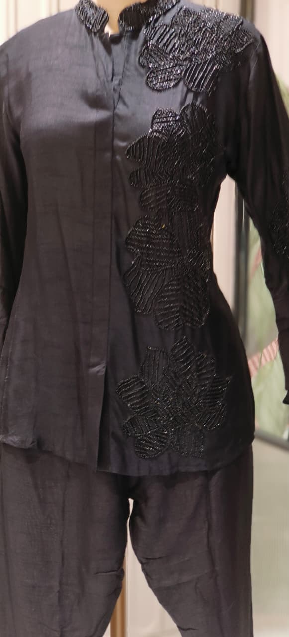 Complete Cut-Dana Floral Embroidery Mandarin Collar Ruffled Sleeve Solid Co-Ord Set- 12396