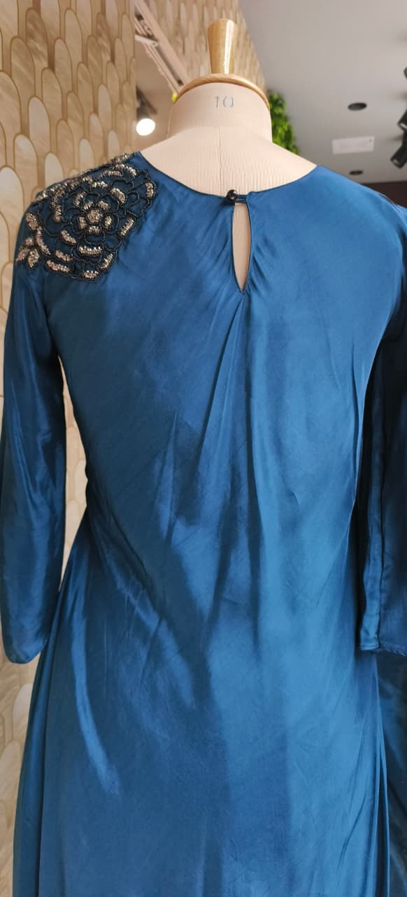 Elite Navy Blue Embellished Crepe Indo Western Dress With Draped Layer and Detailed Floral Work