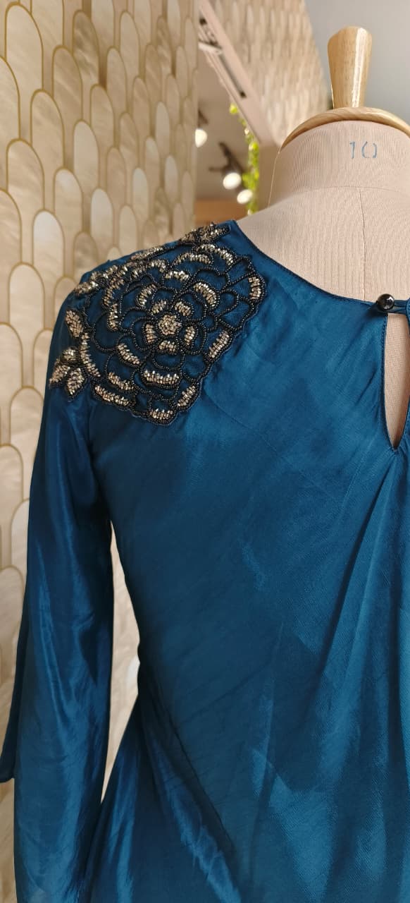 Elite Navy Blue Embellished Crepe Indo Western Dress With Draped Layer and Detailed Floral Work