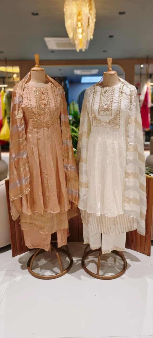 Premium HO Silk & Tissue Kali Anarkali Suit with Intricate Hand Embroidery & Layered Hem Design with Bottom And Dupatta-12795,12796