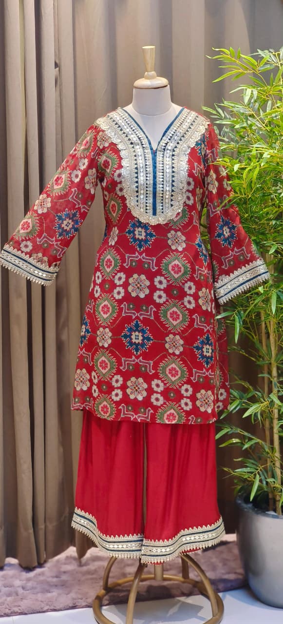 Maroon Printed Georgette Kurta Set with Heavy Sequins & Cut-Dana Embroidered V-Neck and Contrast Border Detailing-12806