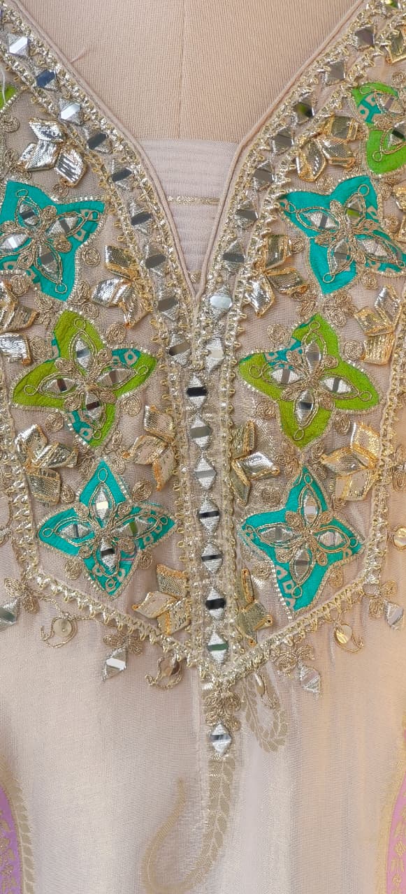 Real Mirror With Gotta Work Golden Finishing Lace With Golden Tassel Kaftan With Gotta & Lace Layered Vibrant  Sharara Bottom & Potli- 12492