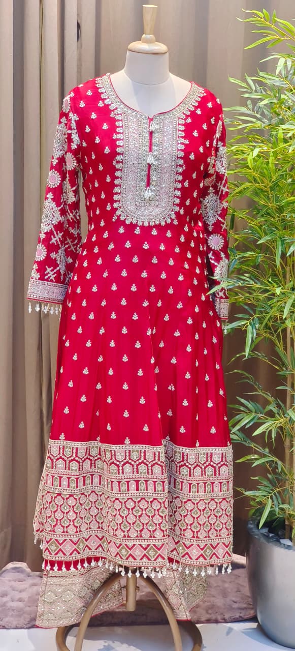 Zarbaft Regal Royal Zari Embroidered Pearl Tasseled Anarkali Full Suit Set With Heavily Worked Dupatta & Loose Bottom- 12450