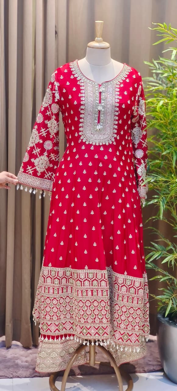 Zarbaft Regal Royal Zari Embroidered Pearl Tasseled Anarkali Full Suit Set With Heavily Worked Dupatta & Loose Bottom- 12450