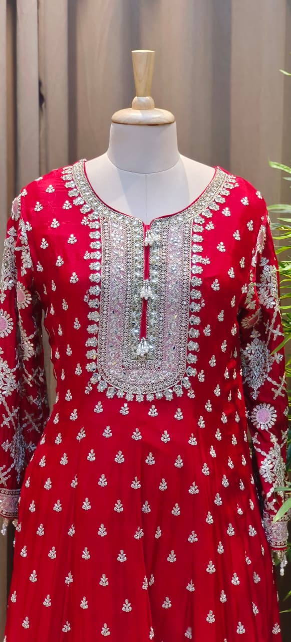 Zarbaft Regal Royal Zari Embroidered Pearl Tasseled Anarkali Full Suit Set With Heavily Worked Dupatta & Loose Bottom- 12450