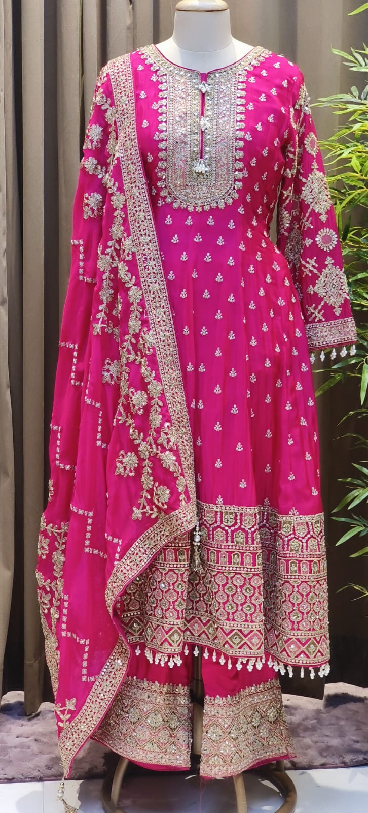 Zarbaft Regal Royal Zari Embroidered Pearl Tasseled Anarkali Full Suit Set With Heavily Worked Dupatta & Loose Bottom- 12450