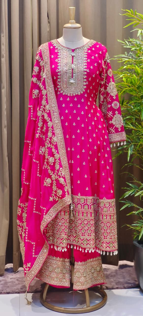 Zarbaft Regal Royal Zari Embroidered Pearl Tasseled Anarkali Full Suit Set With Heavily Worked Dupatta & Loose Bottom- 12450