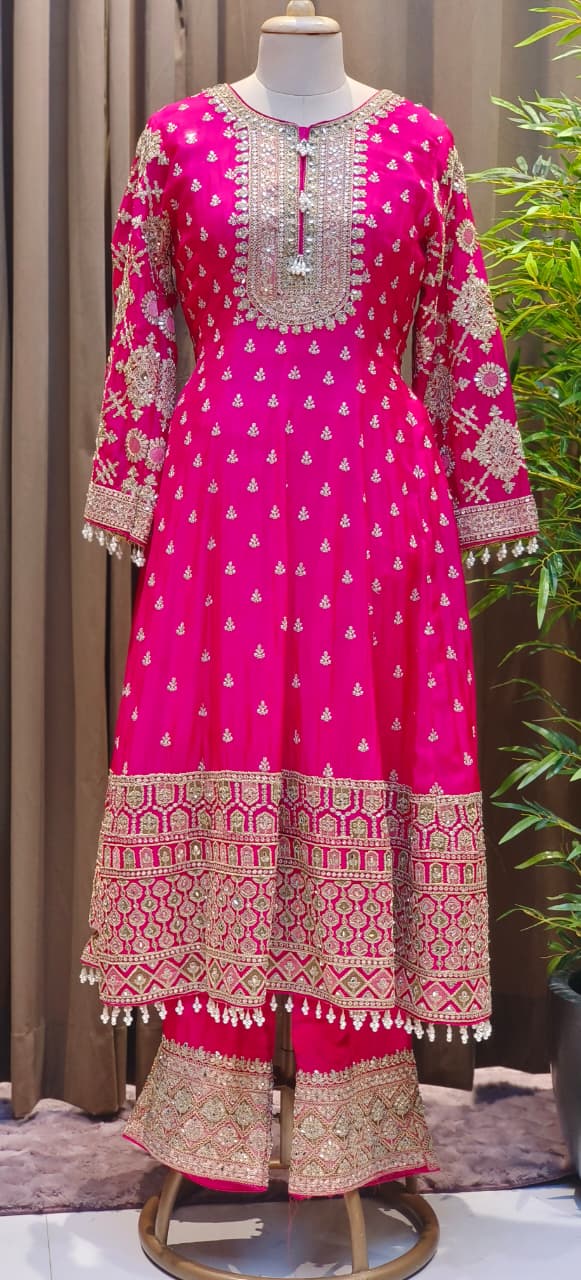 Zarbaft Regal Royal Zari Embroidered Pearl Tasseled Anarkali Full Suit Set With Heavily Worked Dupatta & Loose Bottom- 12450