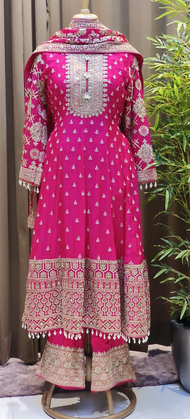 Zarbaft Regal Royal Zari Embroidered Pearl Tasseled Anarkali Full Suit Set With Heavily Worked Dupatta & Loose Bottom- 12450