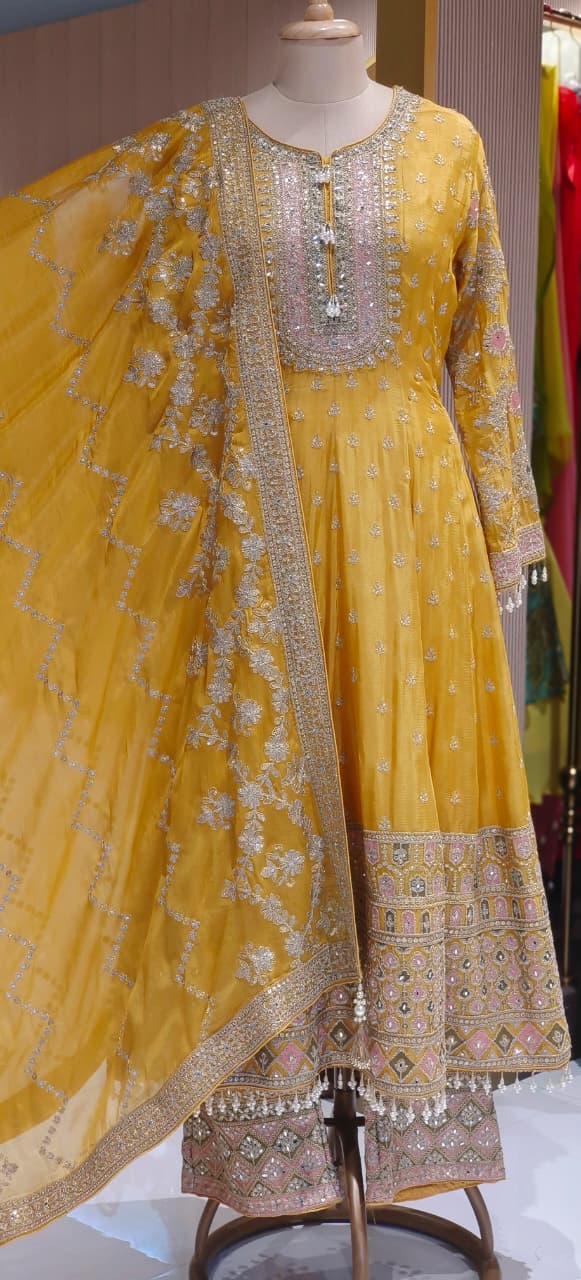 Zarbaft Regal Royal Zari Embroidered Pearl Tasseled Anarkali Full Suit Set With Heavily Worked Dupatta & Loose Bottom- 12450