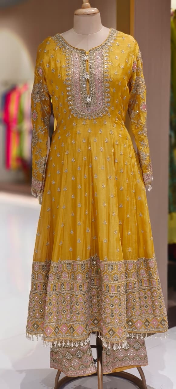 Zarbaft Regal Royal Zari Embroidered Pearl Tasseled Anarkali Full Suit Set With Heavily Worked Dupatta & Loose Bottom- 12450